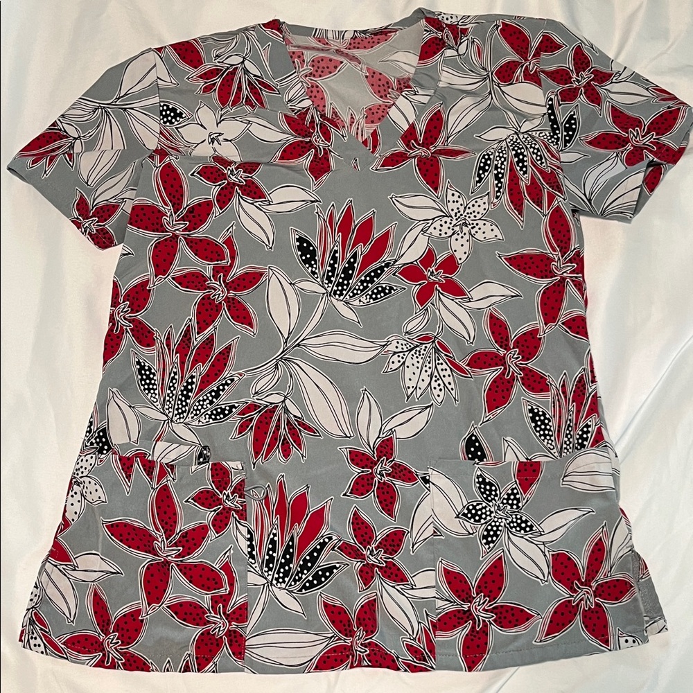 Women's V-Neck Floral Print Top - Gray & Red